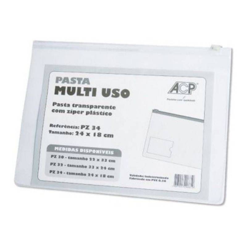 PASTA MULTI USO TRANSPARENTE C/ ZIPER PLÁSTICO 24X18cm - ACP ACP