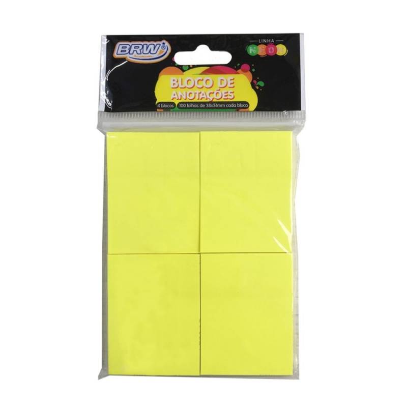 BLOCO ADESIVO 38x51mm c/ 4 BLOCOS AMARELO NEON 100Fls - BRW BRW