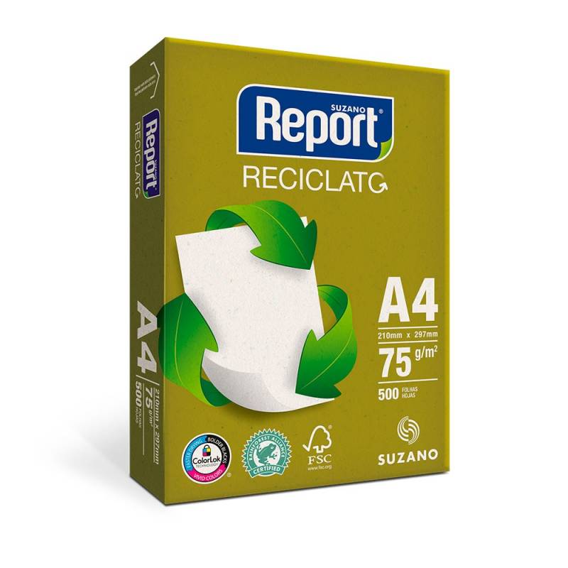 PAPEL A4 210mmX297mm 75g 500fls RECICLATO REPORT - SUZANO SUZANO