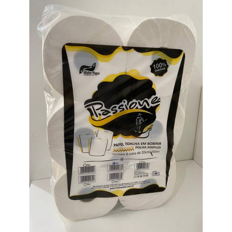 PAPEL TOALHA EM BOBINA AUTO CORTE 20cm x 200m c/ 6 Rolos 26g MISTER PAPER