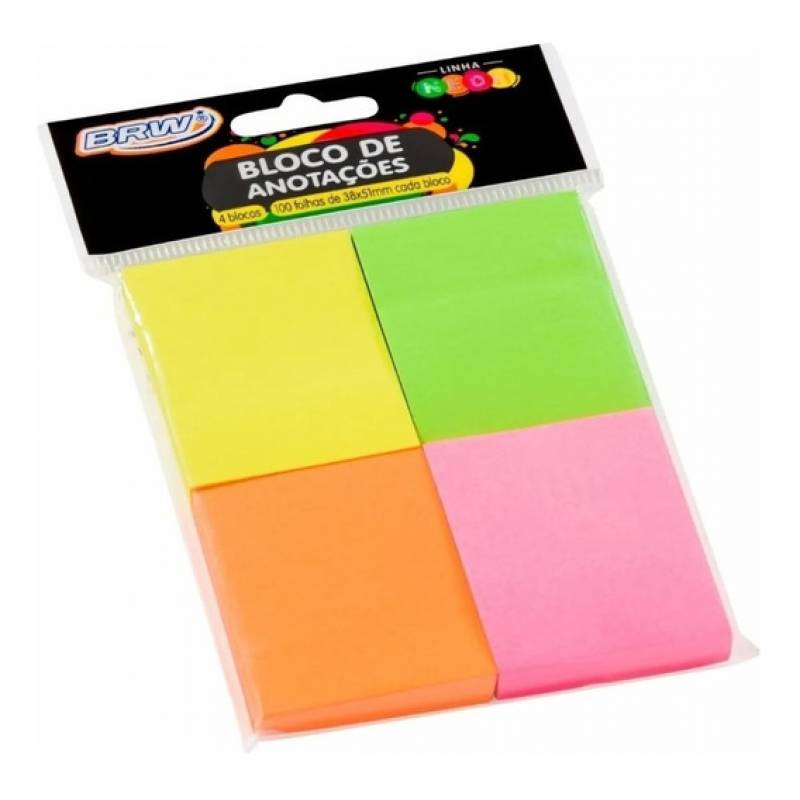 BLOCO ADESIVO 38x51mm c/ 4 BLOCOS CORES NEON 100Fls - BRW BRW