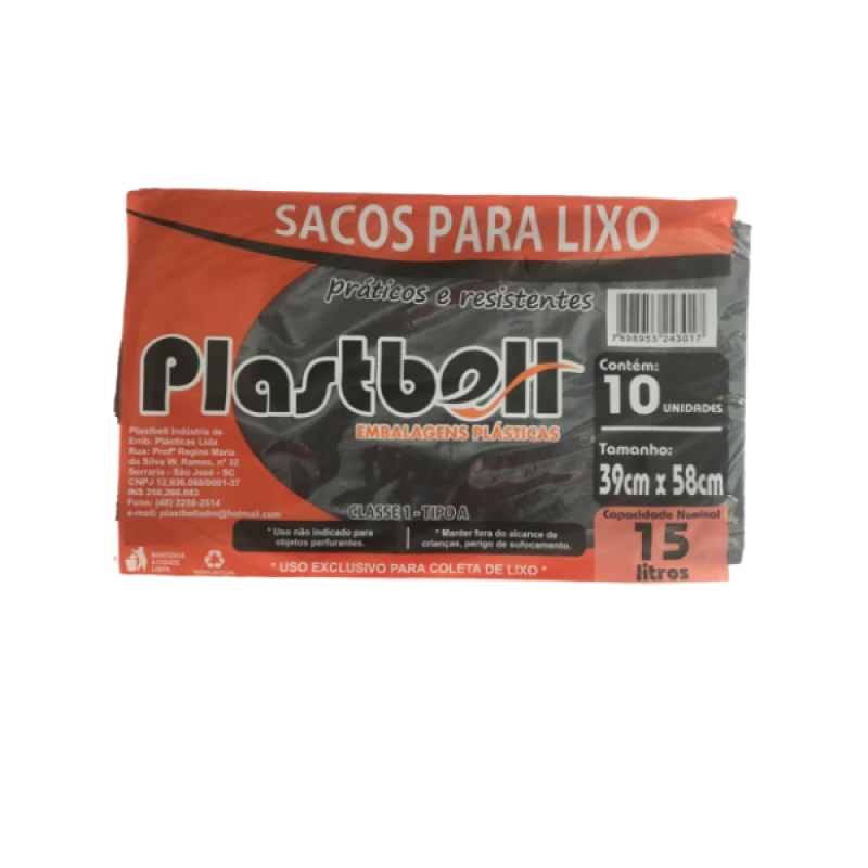 SACO DE LIXO PRETO 39cmx58cmx0,05 15L c/ 10 Unid. - PLASTBELL PLASTBELL