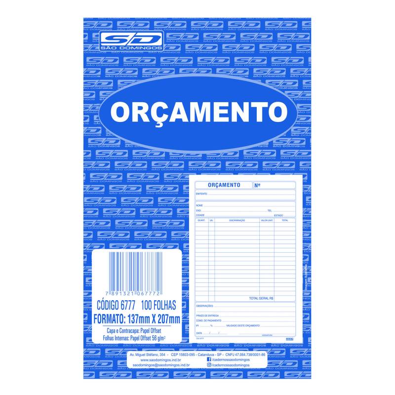 BLOCO ORÇAMENTO 139x209mm C/ 100Fls - SÃO DOMINGOS SÃO DOMINGOS
