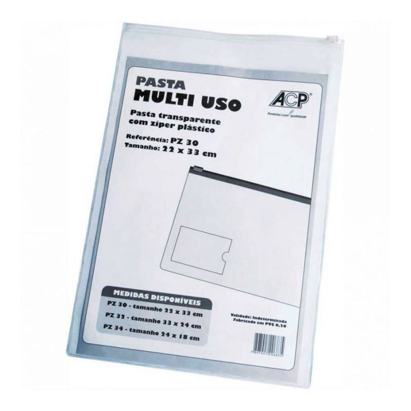 PASTA MULTI USO TRANSPARENTE C/ ZIPER PLÁSTICO 22X33cm - ACP ACP