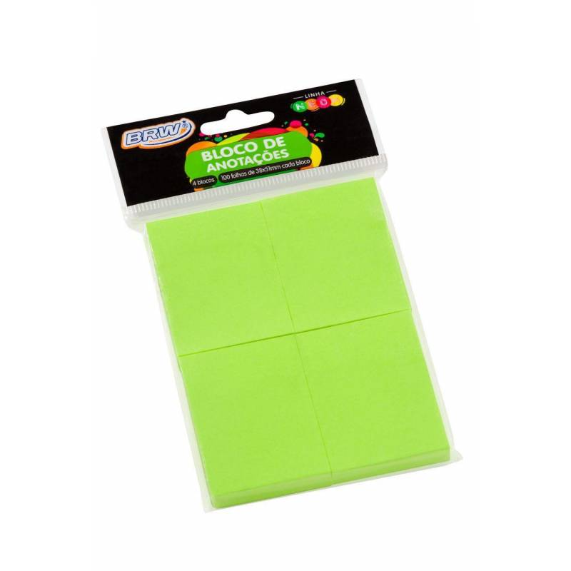 BLOCO ADESIVO 38x51mm c/ 4 BLOCOS VERDE NEON 100Fls - BRW BRW
