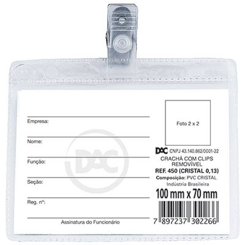 CRACHÁ IDENTIFICADOR HORIZONTAL C/ CLIPS E ALÇA 70x100mm TRANSPARENTE - DAC DAC