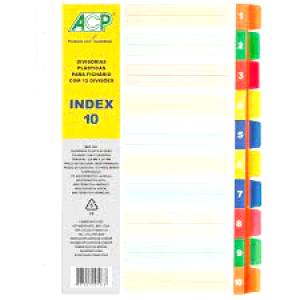 DIVISÓRIA PLÁSTICA P/ FICHÁRIO 225x297mm C/ 10 DIVISÕES COLORIDAS - ACP