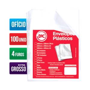 ENVELOPE PLÁSTICO OFÍCIO 240x330mm 4 FUROS EXTRA GROSSO C/ 100 Unid. - DAC