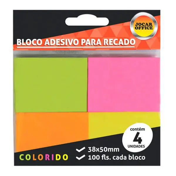 BLOCO ADESIVO 38x50mm c/ 4 BLOCOS CORES NEON 100Fls - JOCAR OFFICE LEONORA