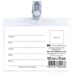 CRACHÁ IDENTIFICADOR HORIZONTAL C/ CLIPS E ALÇA 70x100mm TRANSPARENTE - DAC